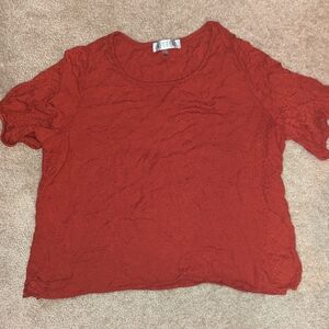 Kasper, burnt sienna, animal print texture, short sleeve ruffle shirt-women's Xl